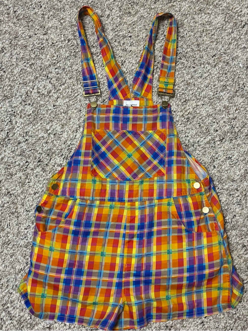 WeWoreWhat Yellow Multicolor Plaid Short Overalls